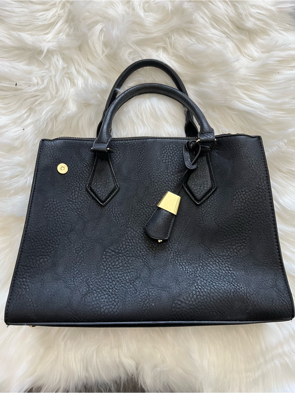 Black Structured Top-Handle Tote Bag with Gold Accent
